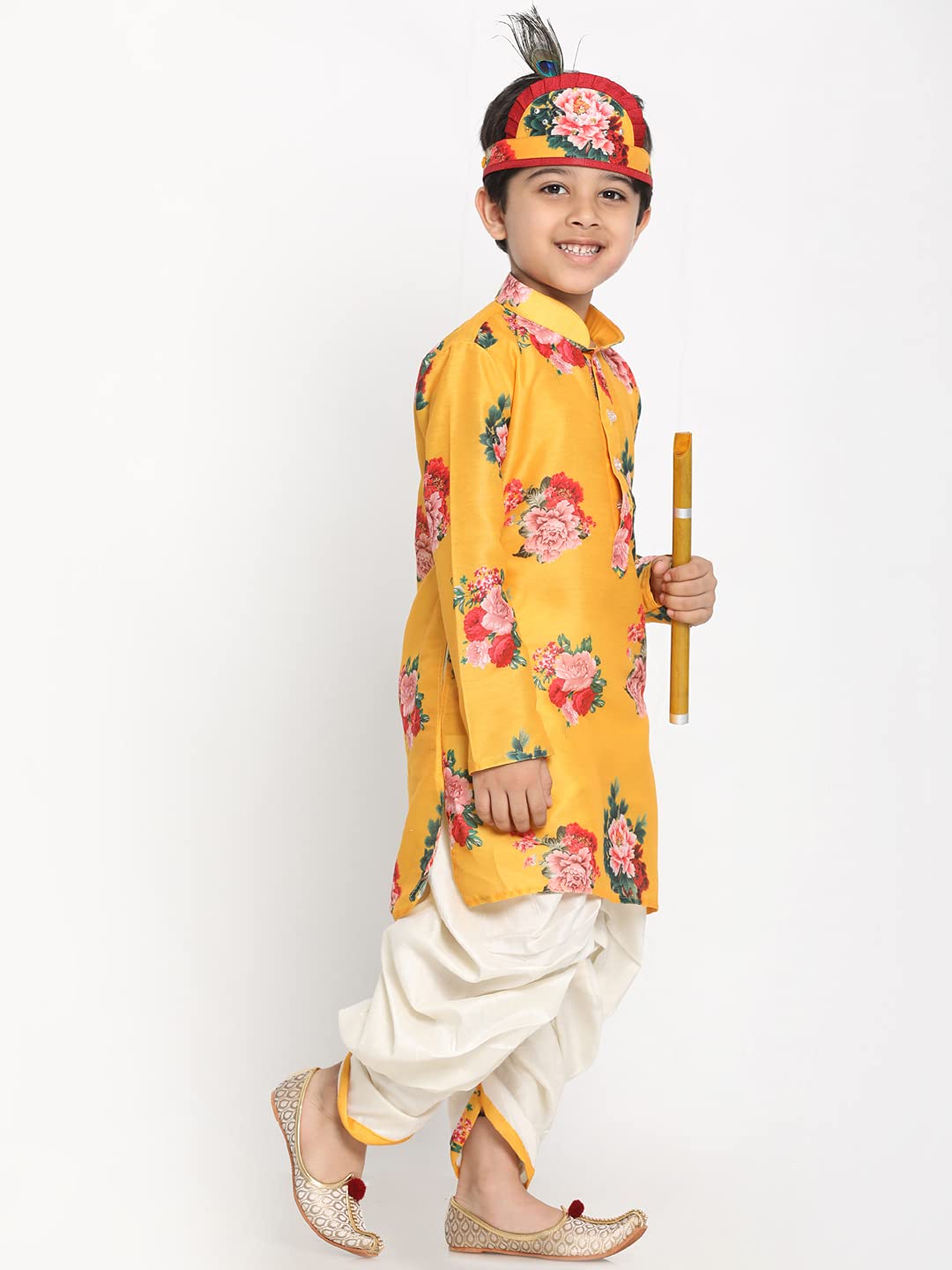 Vastramay Boys Yellow Silk Kurta Dhoti Set For Janmashtami, Rakhi Festival Ethnic Wear With Floral Print