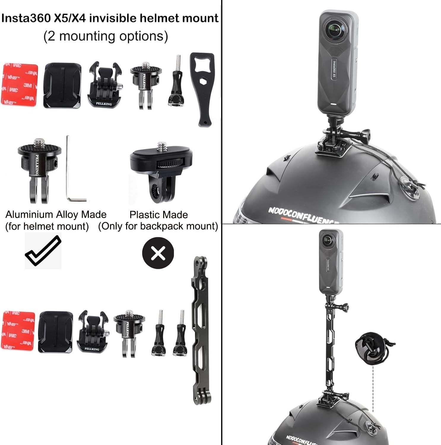 PellKing Bike Motorcycle Handlebar Mounting Bundle Kit for Insta360 X5/X4,Action 5 Pro/4/3, Included 360 Rotation Handlebar Mount,1/4" Adapter Helmet Adhesive Stick,Backpack Clip,Screen Protector