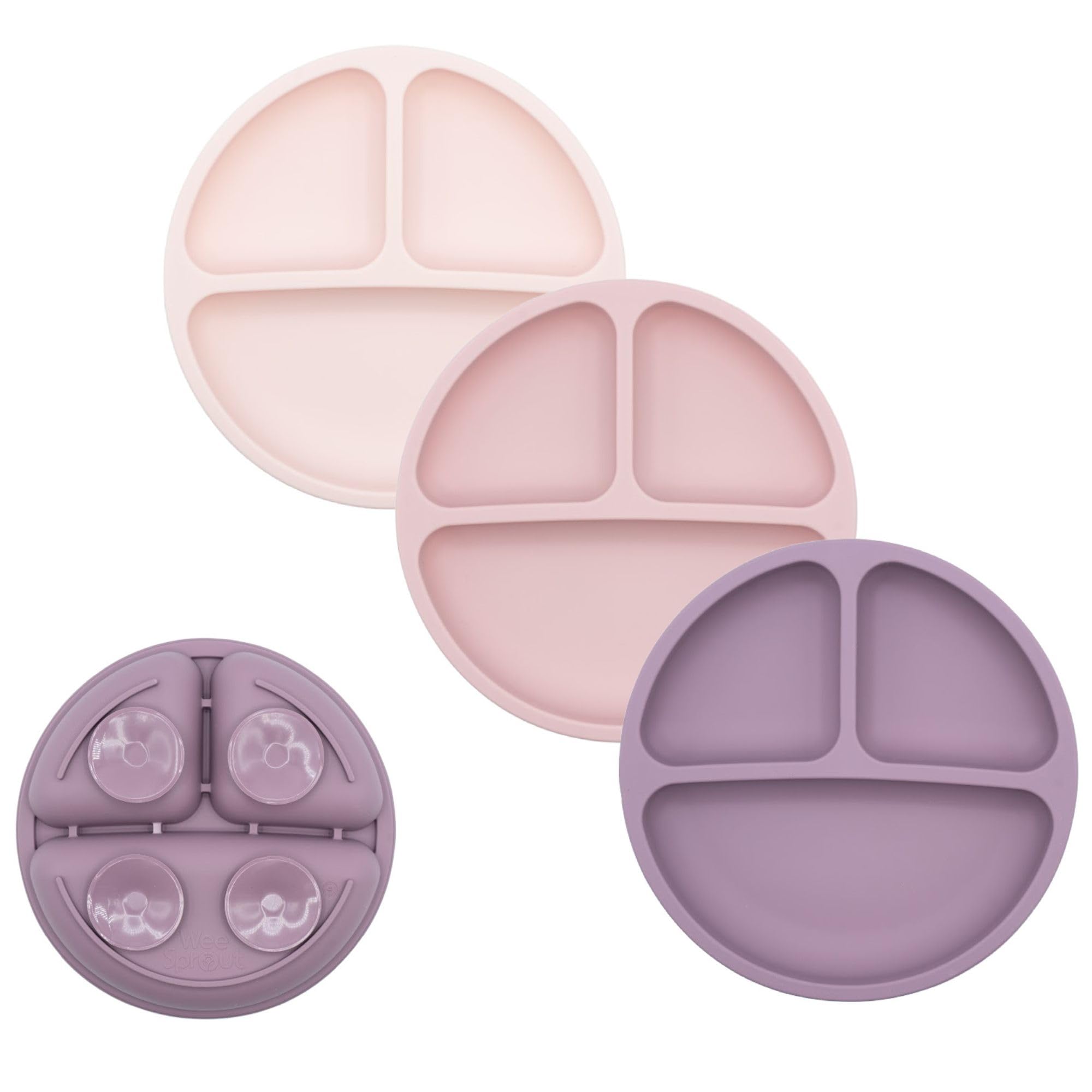 WeeSprout Suction Plates for Babies &amp; Toddlers - 100% Silicone, Dinnerware Stays Put, Divided Design for Picky Eaters, Microwave &amp; Dishwasher Friendly, 3 Pack (Matte Pink, Purple &amp; Blush Pink)