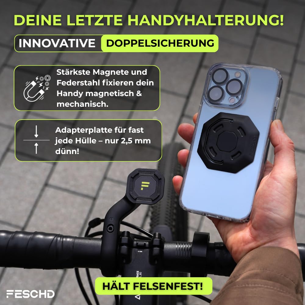 Handyhalterung Fahrrad für alle Smartphones - Fahrrad Handyhalterung mit Doppelsicherung: felsenfester Halt an Allen gängigen Lenkern (25,4-35mm) - Handyhalter fürs Fahrrad Made in Germany