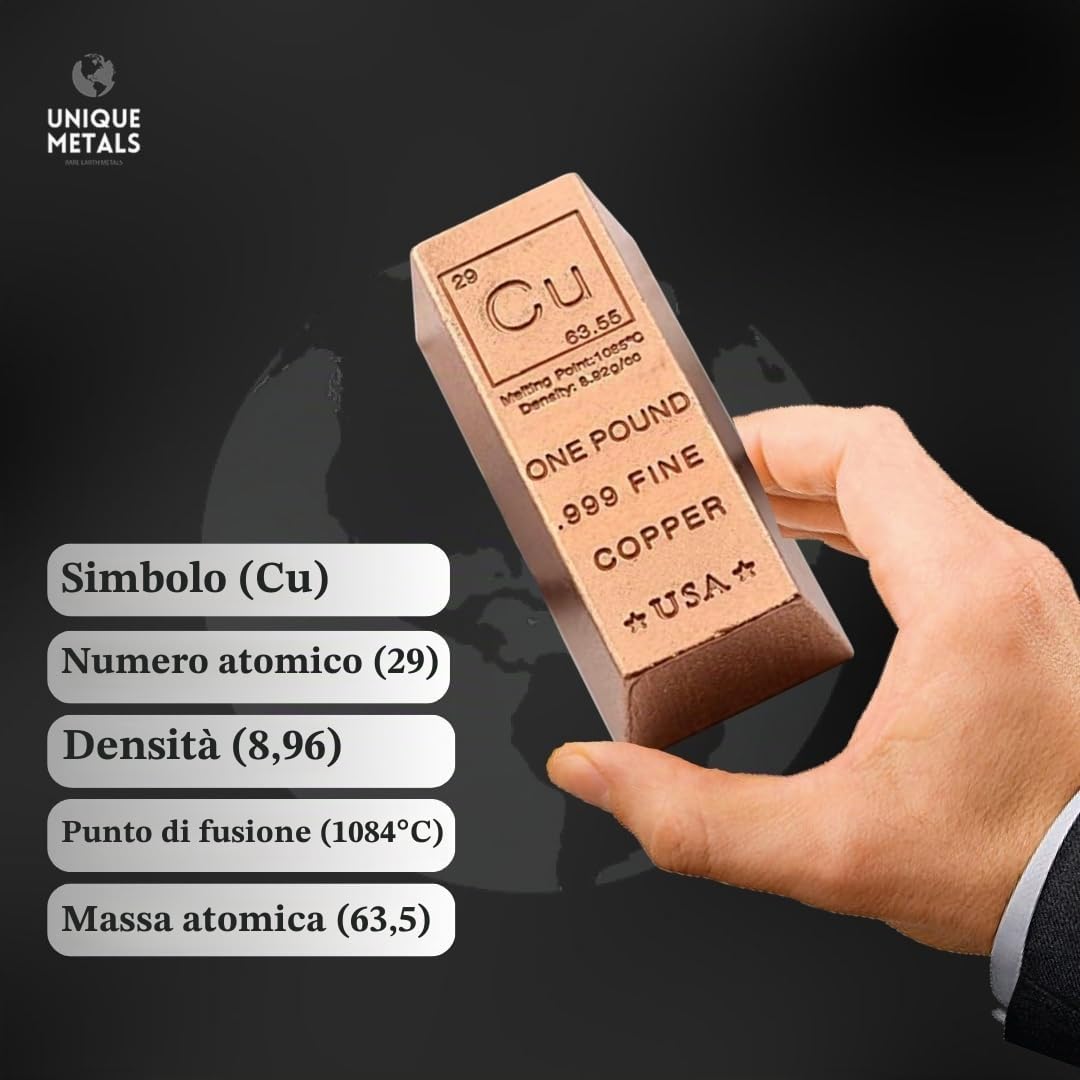 Unique Metals - Fermacarte in rame da 0,5 kg, design con elemento chimico puro con certificato di autenticità