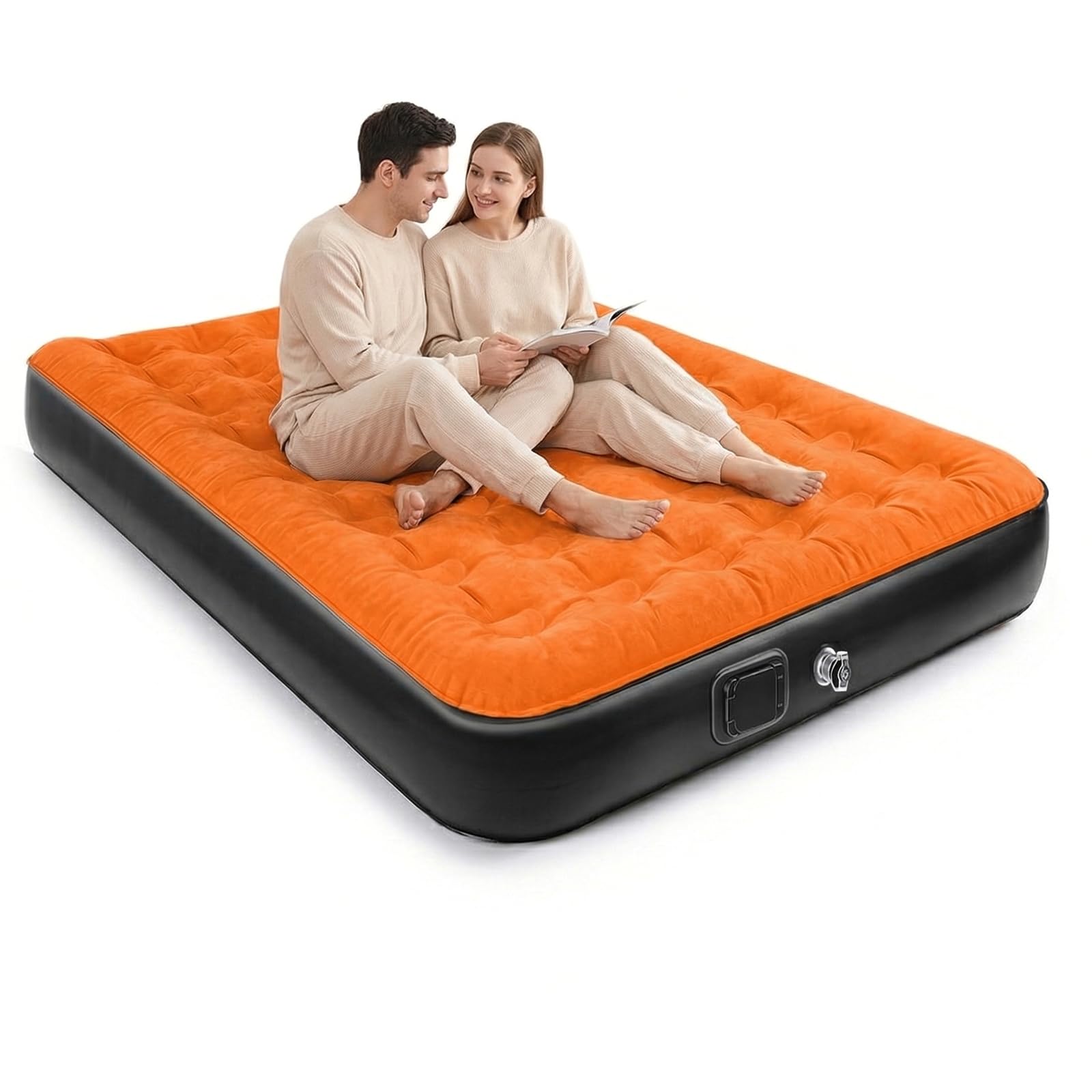 Luftmatratze Selbstaufblasend, Aufblasbare Matratze mit integrierter Pumpe Aufblasen 3 Min, Luftbett Königgröße für Heim Camping Reise | 200 x 150 x 25 cm (Orange, 200 x 150 x 25 cm)