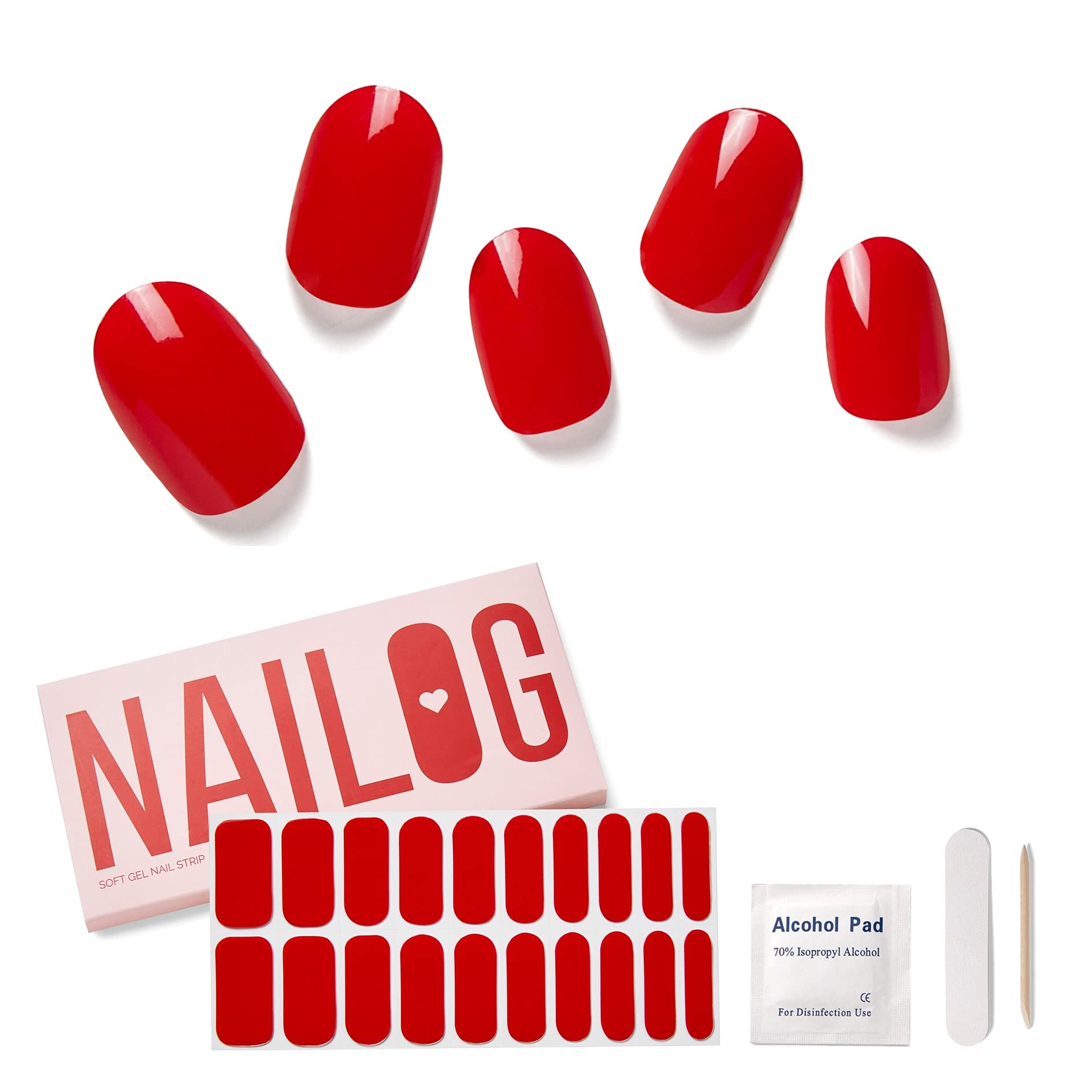 NAILOG Semi Cured Nail Strips, 20 Pcs Extra Long Full Nail Wraps with Glossy Soft Gel Finishing, Buy 2 Get 1 UV Lamp │Rouge