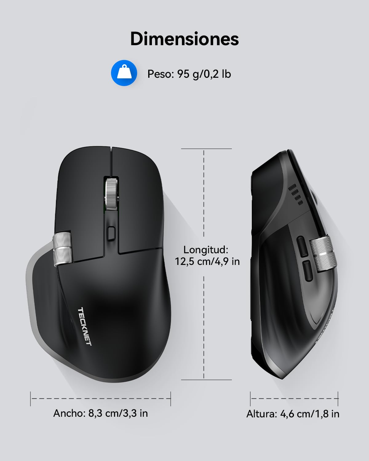 TECKNET Ratón Inalámbrico, 3 Modos (BT 5.3/5.0+2.4G) Recargable Ratón Bluetooth Silencioso con Rueda de Desplazamiento Lateral, 6 Niveles dpi Ajustables Compatible con Windows, macOS, PC - Negro