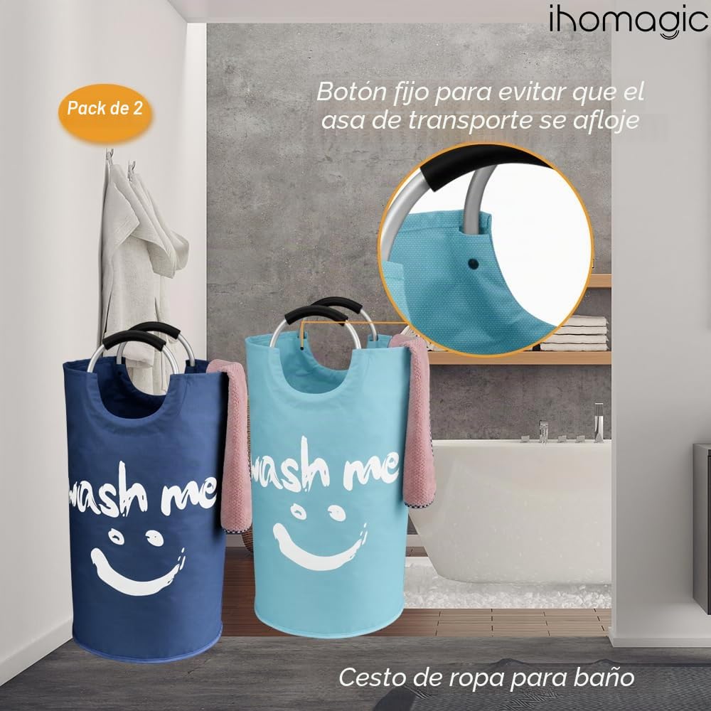 Set de 2 Independiente Cesto Ropa Sucia con 2 Asas 95L, Grande Cestos para la Colada de Tela Oxford 600D, Cesto de Almacenamiento de Ropa Plegable para Juguetes, Toallas (Azul/Azul Oscuro)