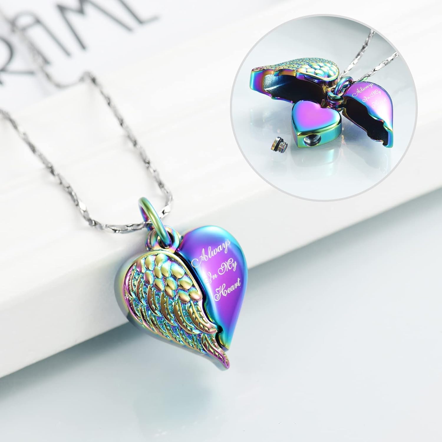 Imrsanl Cremation Jewelry for Ashes Heart Urn Necklace Pendants Ashes for Women Men Family Keepsake Memorial Angel Wing with Charm Heart for Loved Ones - Image 3