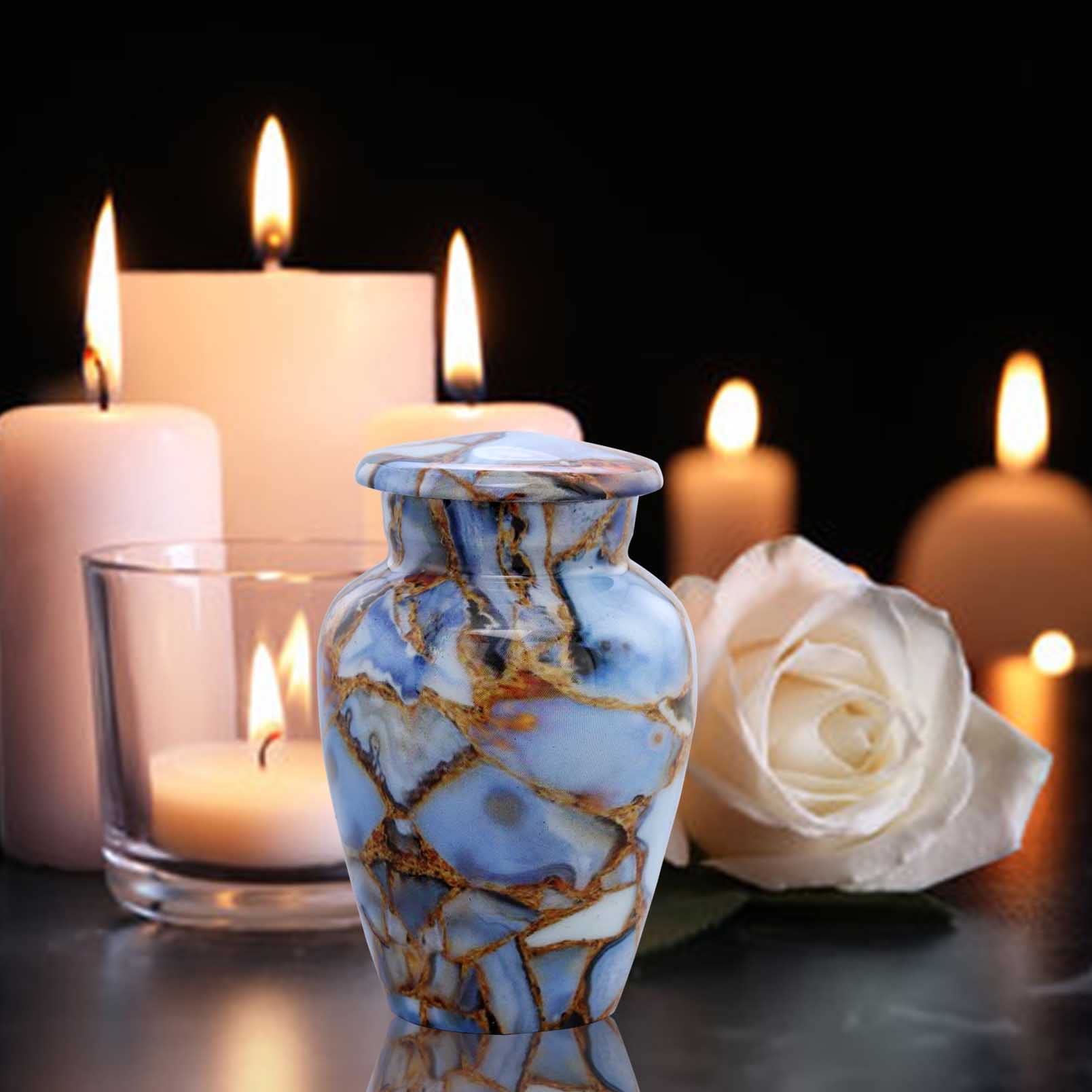 Andenkenurne | Marmor-Finish Andenken Urne für Asche | Metall-Teilurne für Mensch oder Haustiere Asche | Mini-Gedenkurne mit Samtbeutel (Luxury Blue)
