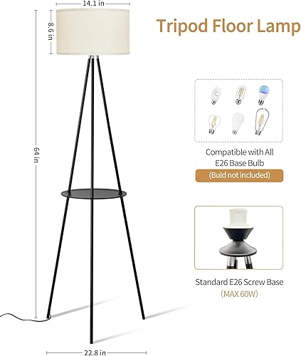 Miniatura 4 de MODIVO - Lámpara de pie con trípode, lámpara de pie alta con estantes, luz de diseño moderno para sala de estar, dormitorio, sala de estudio y