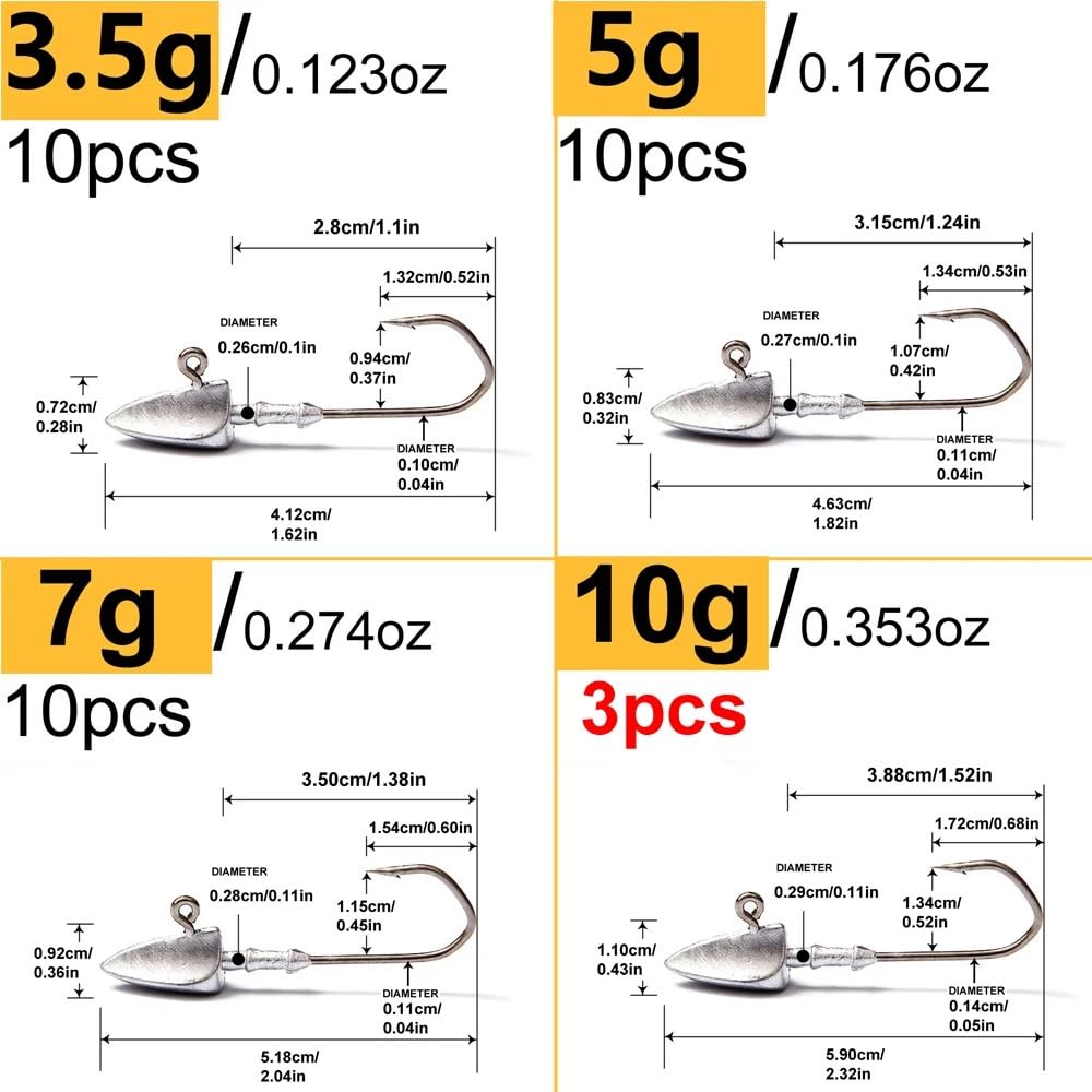 Anzuelos de Pesca 33 unids/Caja 3,5g/5g/7g/10g anzuelos de Cabeza Triangular for Aparejos Pesca Gusanos Blandos Anzuelo mar Cebo Combinado