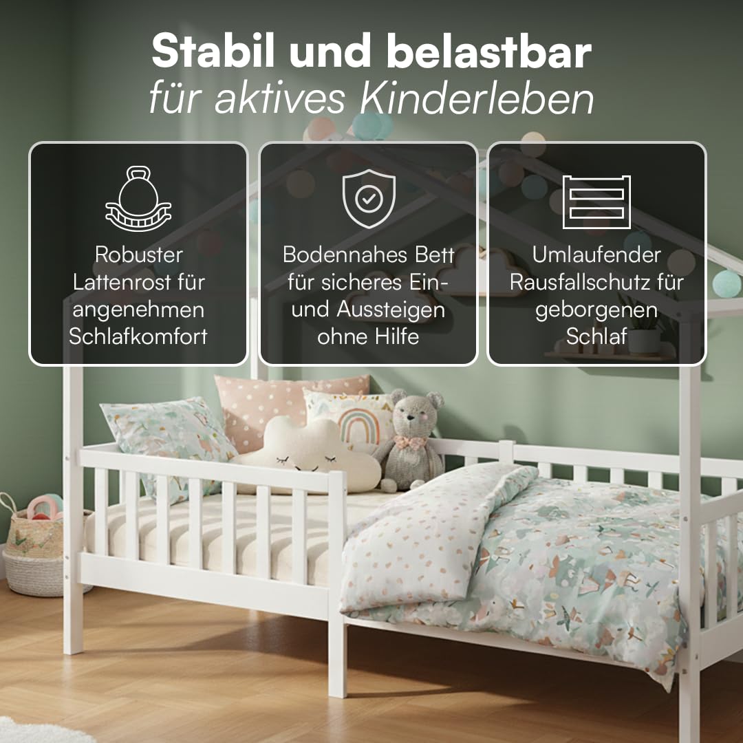 Bellabino Bia Kinderbett 90x200 cm – Hausbett mit Rausfallschutz & Lattenrost – Montessori Kinder Bett aus Massivholz Kiefer – Kinderhausbett für Jungen und Mädchen in Weiß