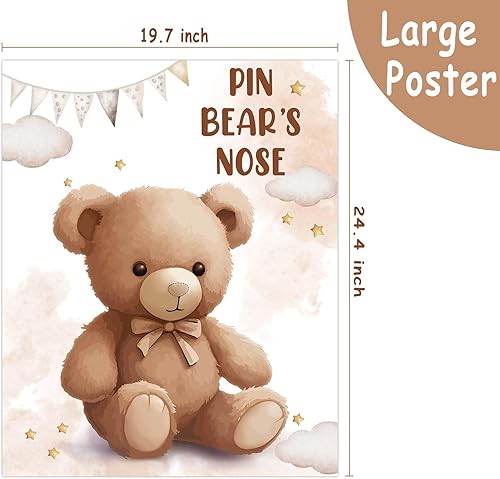 Miniatura 2 de Pin The Noses on The Bear - Juego de fiesta de oso de peluche, póster grande con 24 calcomanías de nariz para cumpleaños de niños, tema de baby