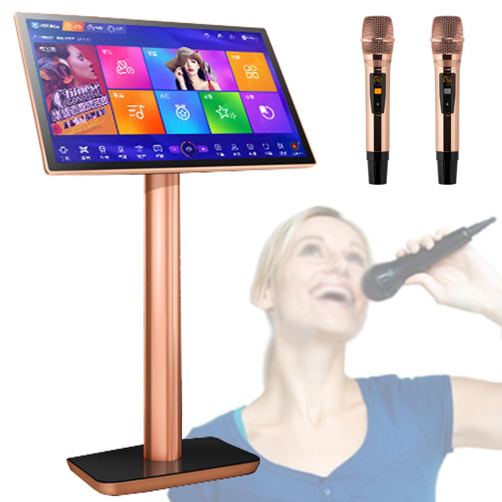 UWYTGF Karaoke Player with Reverb Wireless Microphone, 19.5-inch capacitive Touch Screen Karaoke Machine Cloud Download Function APP Online Play 27 Languages (Black 1TB)