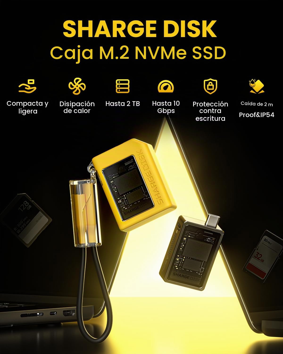 SHARGE Disk M.2 NVMe - Carcasa SSD con Sistema de Refrigeración Activo, USB C 3.2 Gen2 de 10 Gbps, Lector NVMe Compatible con Laves M y SSD Tamaño 2230, Amarillo