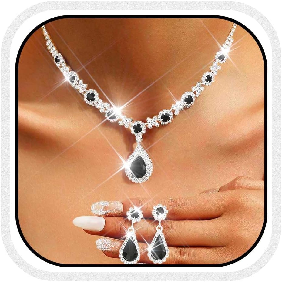 Yean Wedding Jewelry Sets Silver Rhinestone Necklace and Earrings Crystal Prom Jewelry Necklace for Women