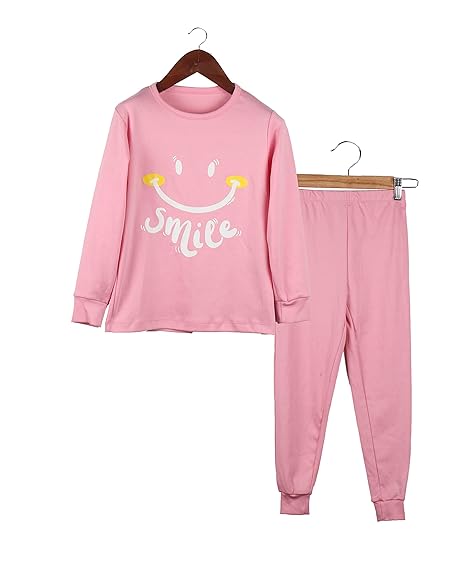 FABIO Girls Pink Smiley Print Pure Cotton Nightwear/Sleepwear Payjama Sets (Pack of 1)