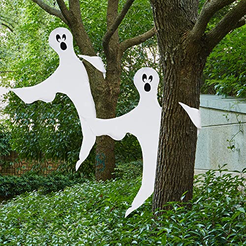 Image of JOYIN Halloween 2 Pcs Tree Wrap Ghost Decoration Outdoor, 53 inch Cute Face Flying Ghost for Halloween Outdoor, Lawn, Yard, Tree, Party Supplies, Haunted House Wrap Decorations