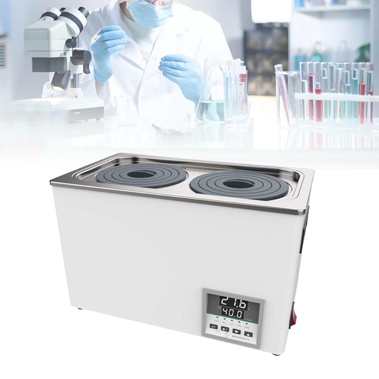 Baño María de laboratorio, calentador digital antisecado, temperatura ambiente - 99,9 °C, con orificio de drenaje + tapa ajustable + soporte impermeable(2 Holes)