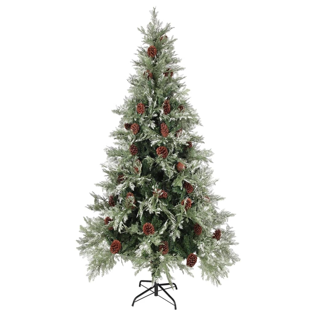 Choinka 225 cm z 300 diodami LED, składana, realistyczna choinka z PCW i PE z szyszkami sosnowymi, śnieg, stabilna do wnętrz, zielona