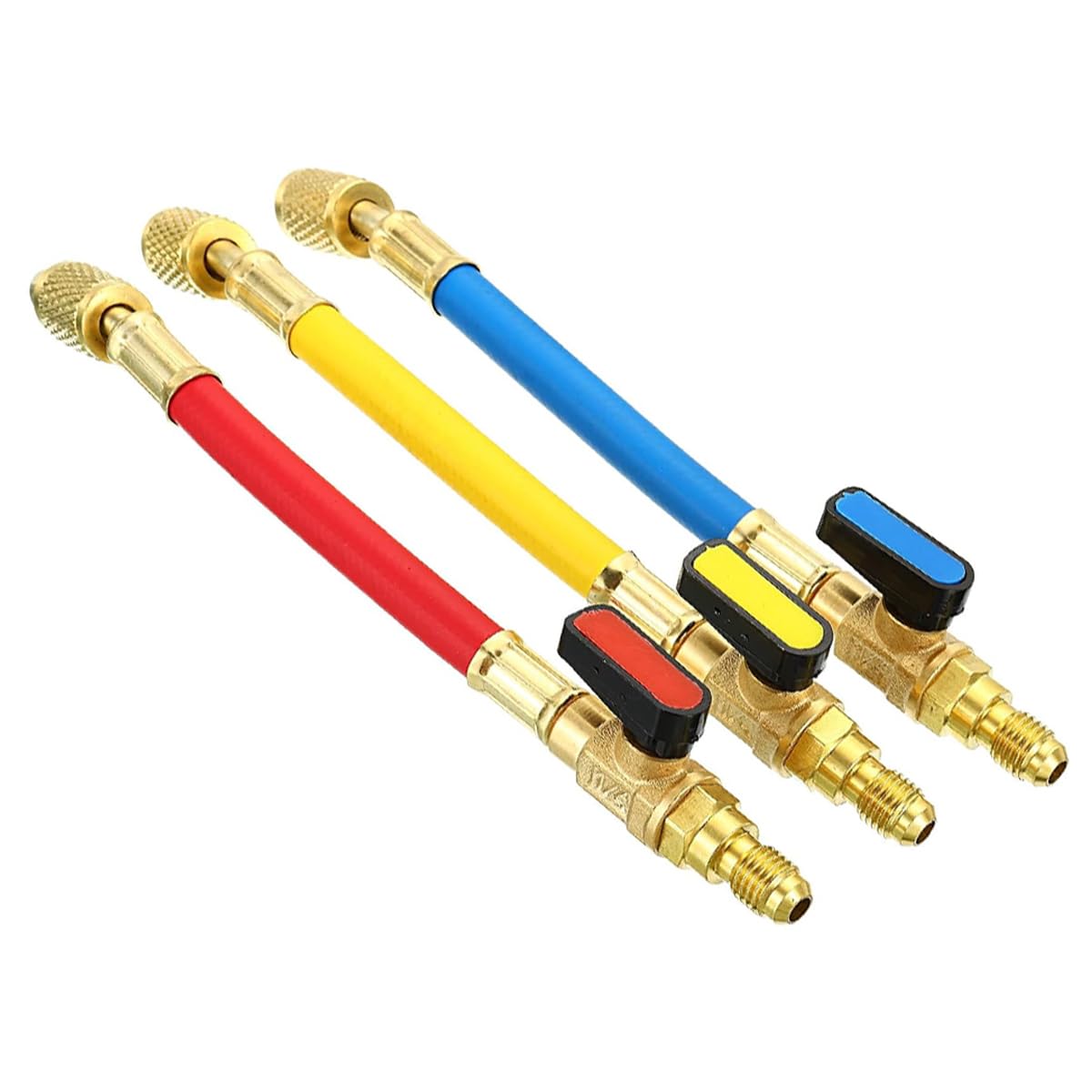 Juego de 3 mangueras de carga y válvula de bola, con código de colores y válvula de bola de 1/4" SAE para kit de mantenimiento de aire acondicionado y climatización (24 cm)