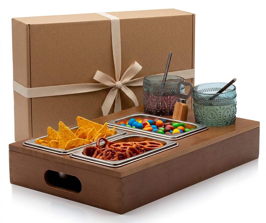 Couch Bar Snachbox Sofa Tray - Three Bowls for Chips and Snacks - Drink Holder - Tray with Wooden Shelf (Bamboo) as Butler for Sofa or Bed - Organiser Bar Accessories