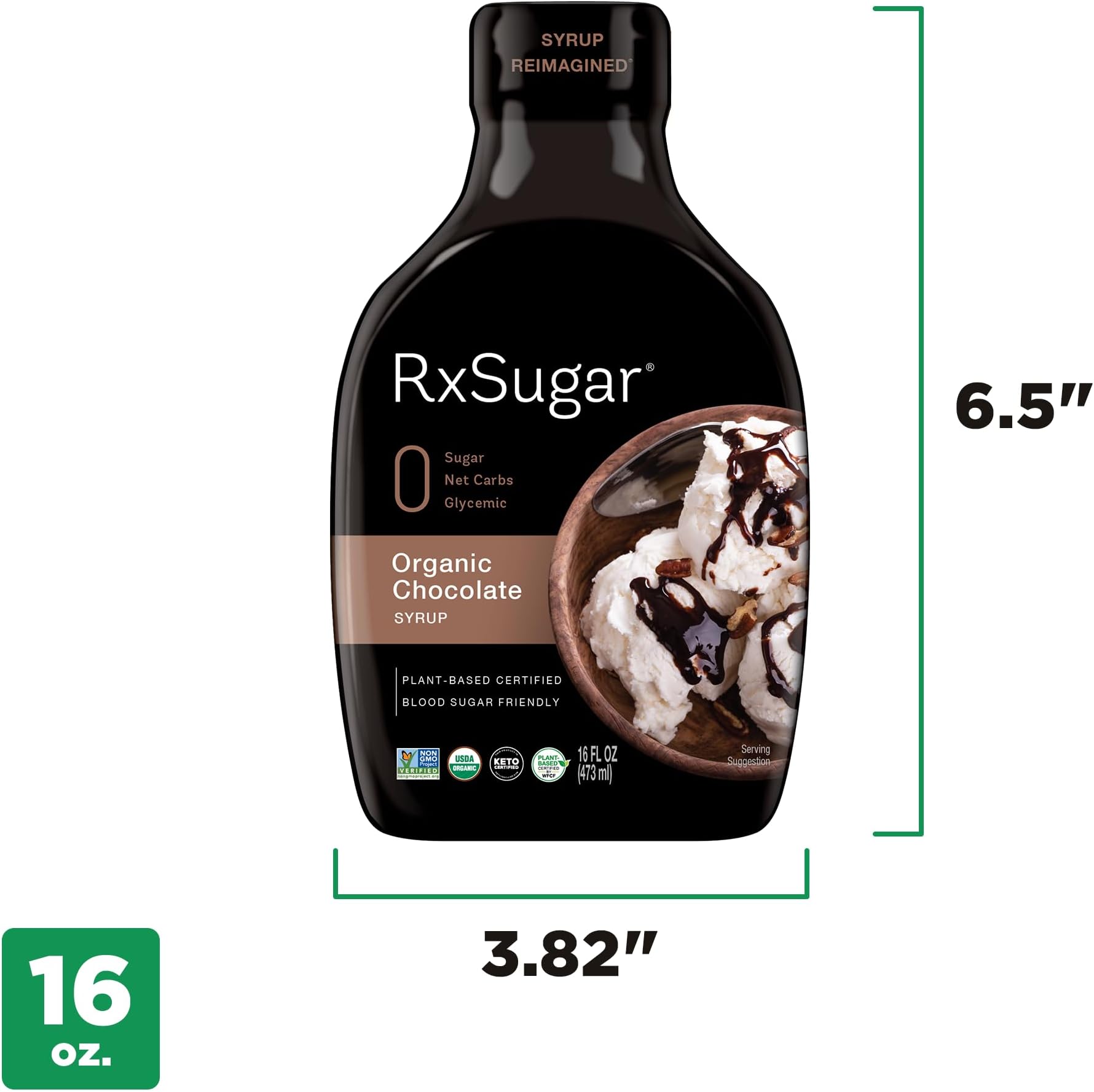 RxSugar Delicious Organic Plant-Based Chocolate Syrup, 16 Oz | Alulose Sweetener | 0 Sugar, 0 Net Carbs, 0 Glycemic | Diabetes Safe | Keto Certified | Verified