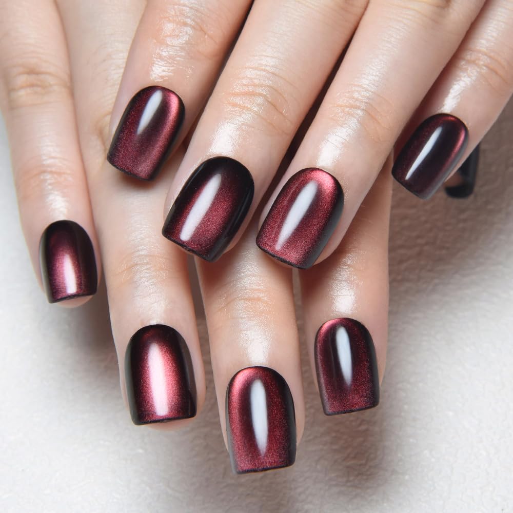 evpct Wine Red Cat Eye Extra Short Press on Nails Square, Petite Short Square Stick on Nails for Women Gift, Black Wine Red Metallic Glitter Glossy