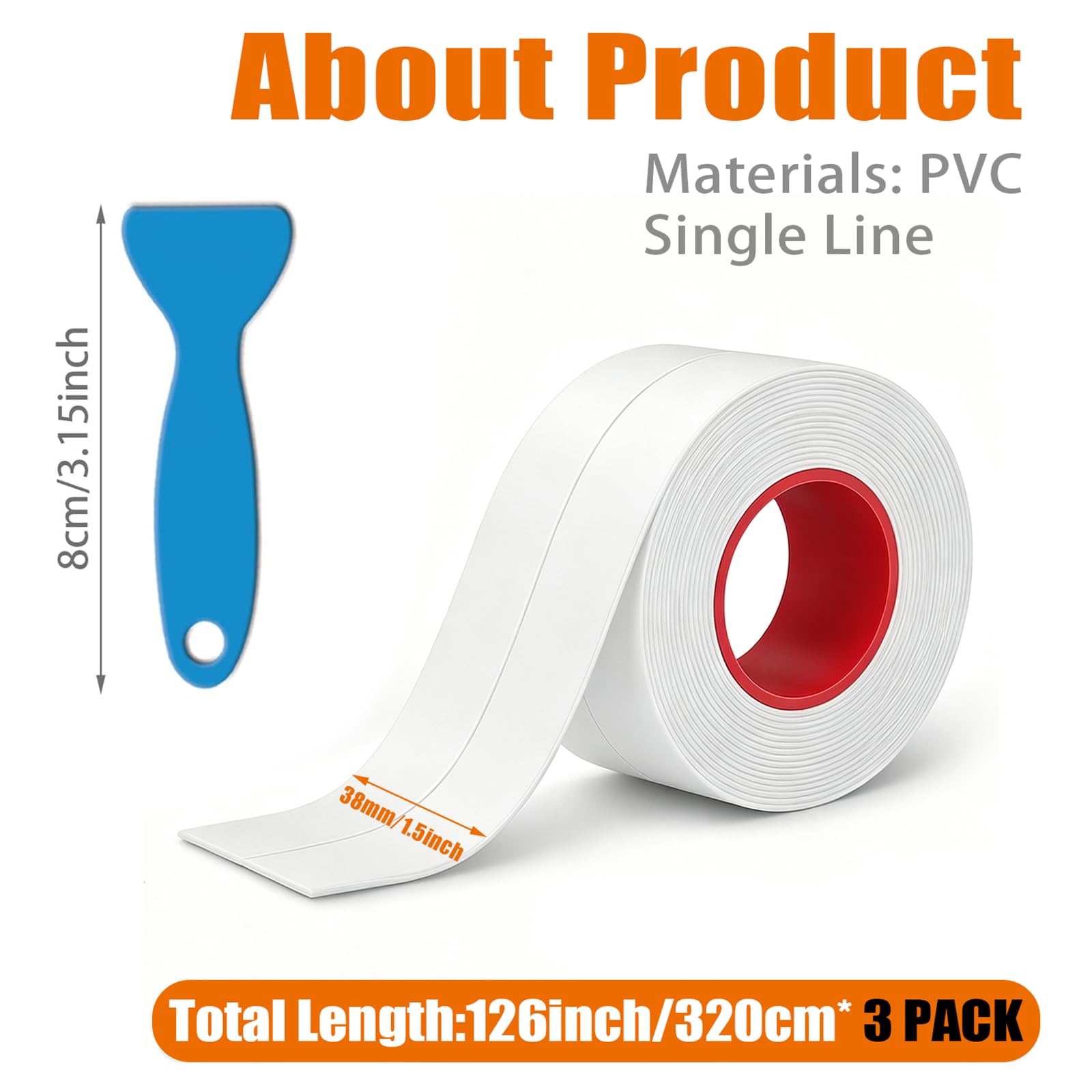 Dichtungsband, wasserdicht, für Badezimmer, selbstklebendes Dichtungsband für Küche, Spüle, WC, Badewanne, Dusche, Badewanne, Boden, Wand, Kantenschutzstreifen (3,8 x 3,2 m, 3 Stück)