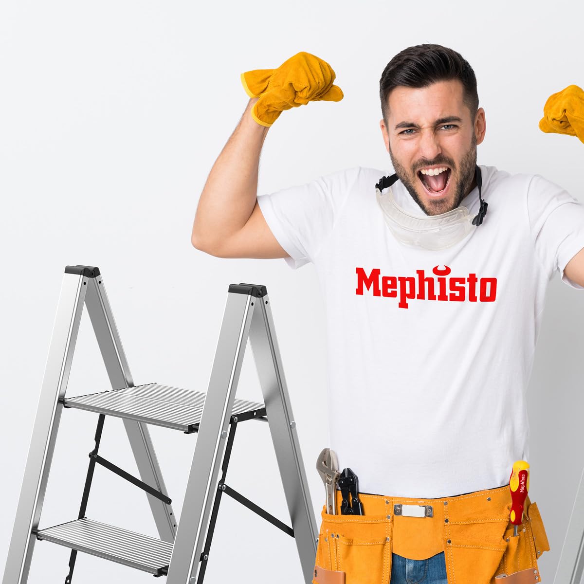 Mephisto Échelle en aluminium avec 3 marches sans poignée, capacité de charge de 150 kg | Escabeau pliable avec marches antidérapantes