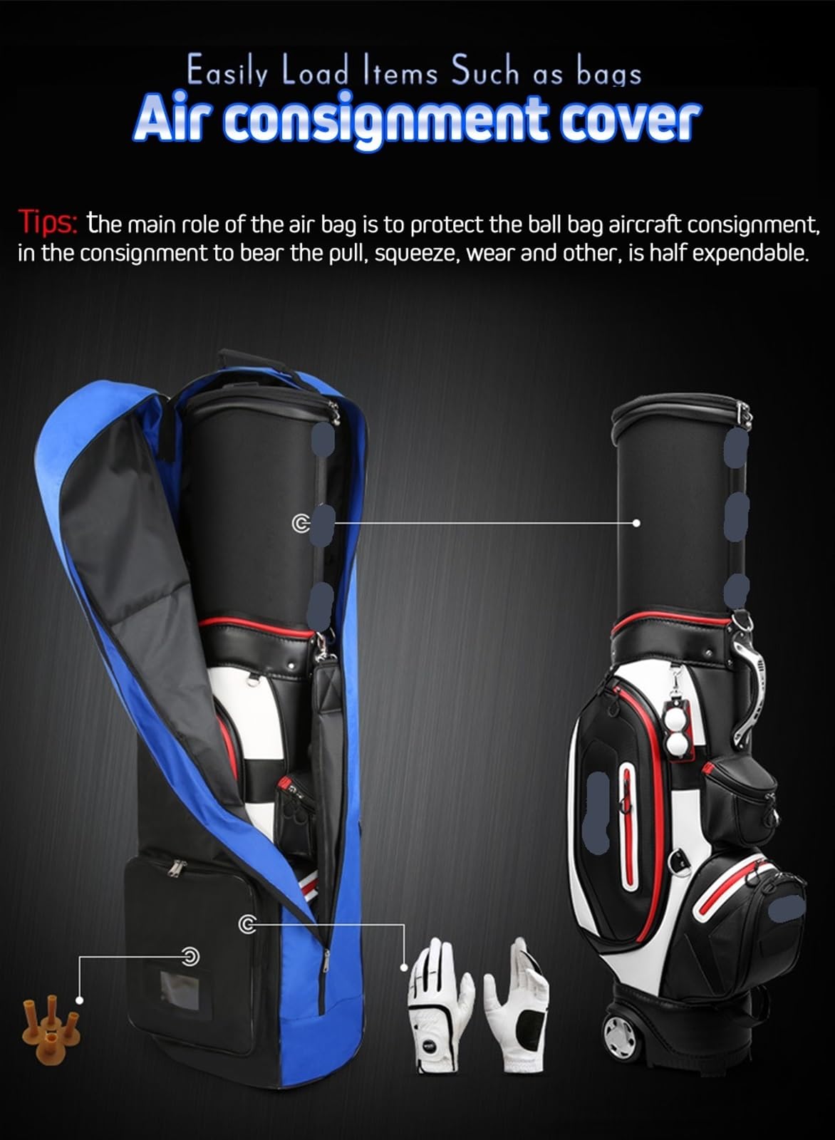 Golfbag Herren Golf-Airbag-Tasche mit Riemenscheibe, einlagiger Versand, Faltbare Golftasche, große Kapazität, Herren- und Damen-Golfschläger-Aufbewahrungstasche(Black)