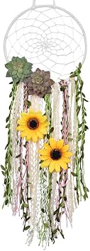 DrCor Sunflower Dream Catcher Bedroom Nursery Boho Floral Handmade Greenery Wall Hanging Decor for Party Office Teens Girls Kids Room Decor