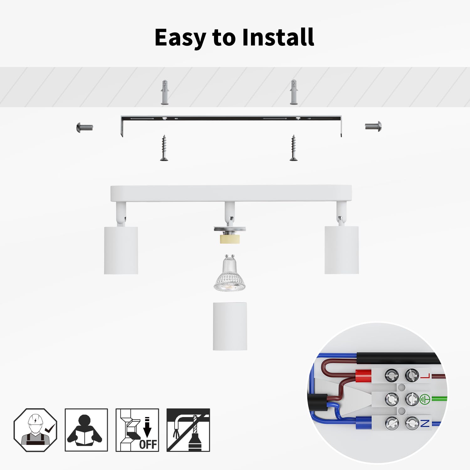 LVWIT Foco de Techo LED Blanco, 3 Focos, Orientable, GU10, Lámpara de Techo Moderna, para Cocina, Salón, Dormitorio (Sin Bombillas)