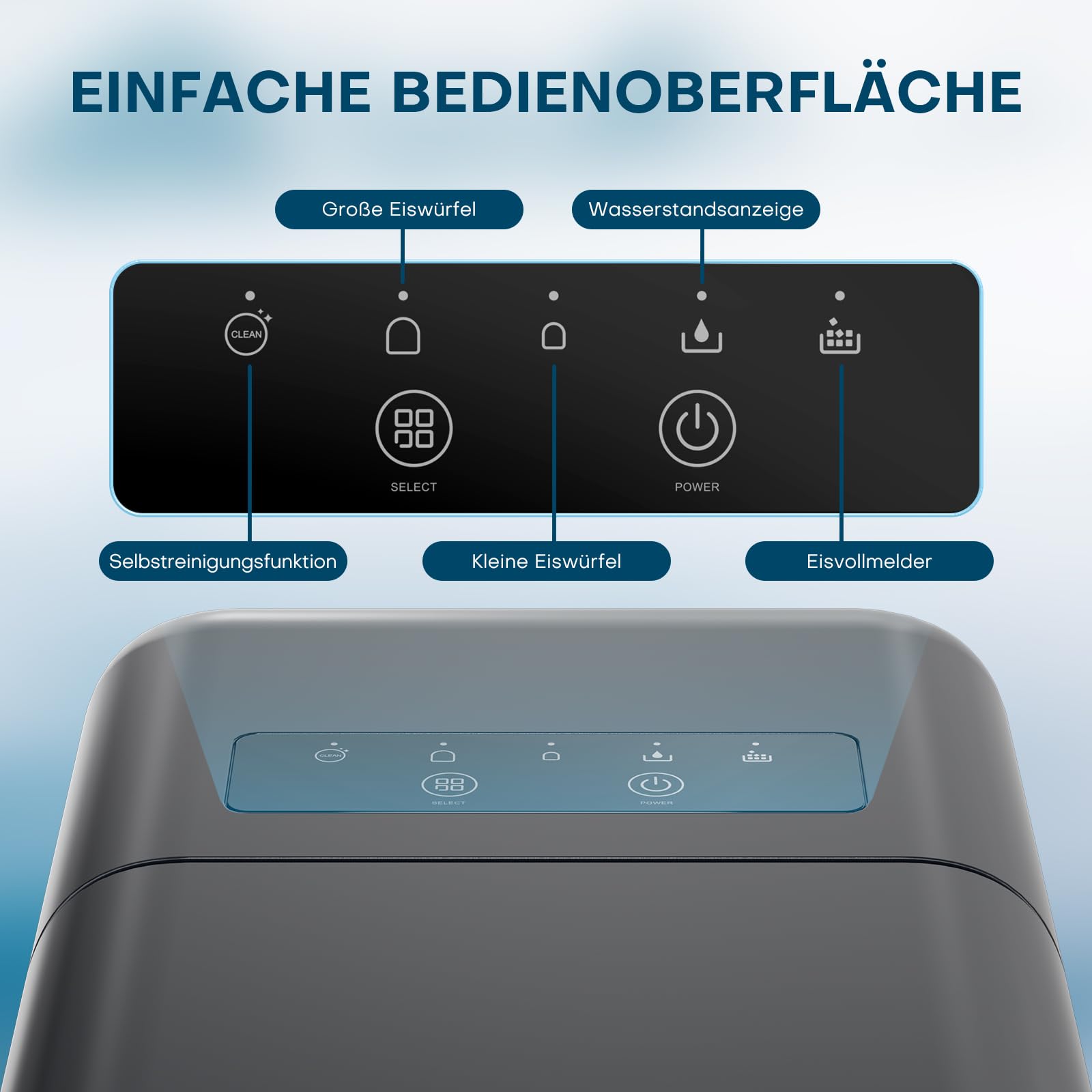 QEXREED Eiswürfelmaschine, 9 Würfel in 6 Minuten fertig, 12KG/24H, Eiswürfelbereiter Ice Cube Maker, Eiswürfelmaschine Klein mit Tragbarem Griff und Korb, 2 Eiswürfel-Größen, Selbstreinigendes