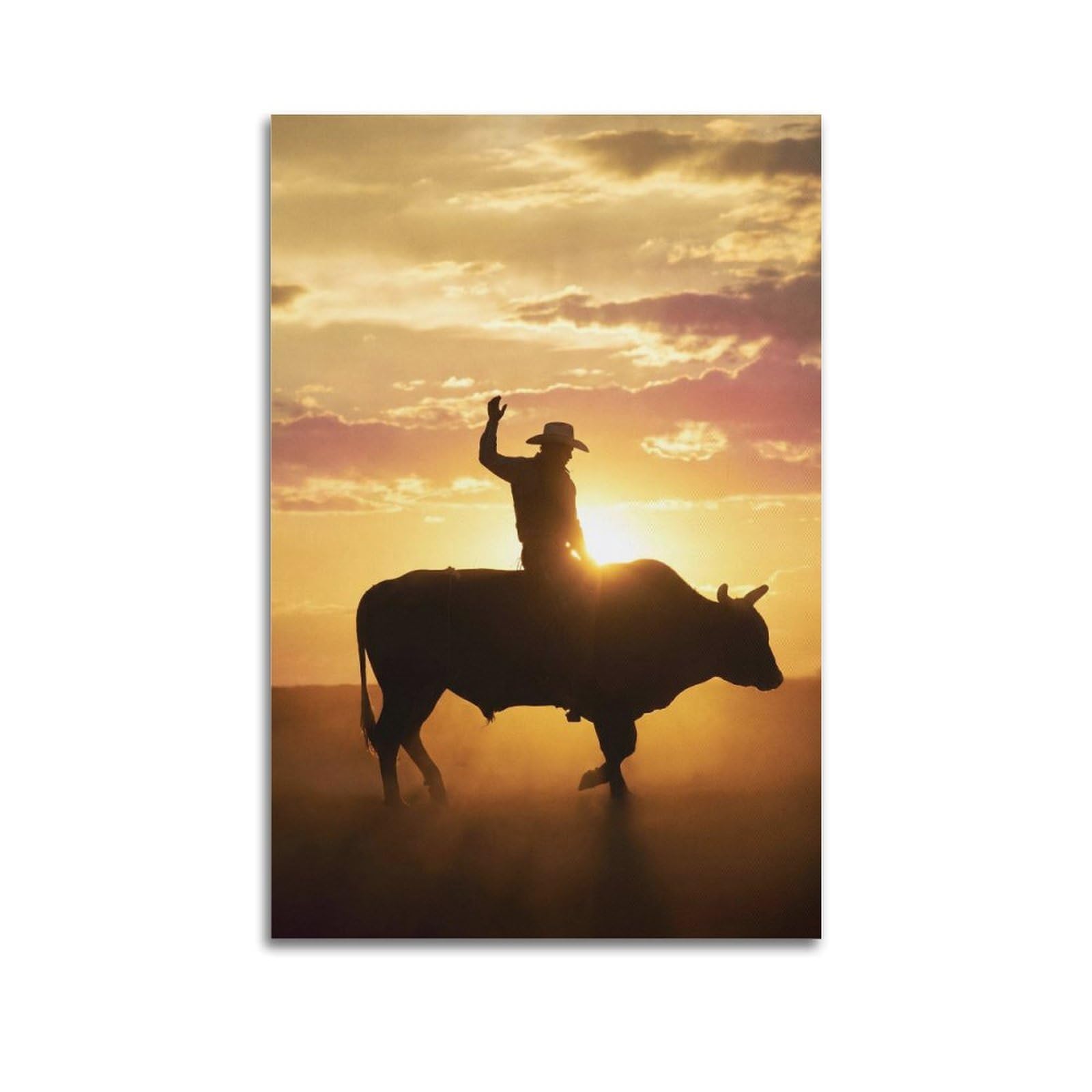 XKUGA Golden Sky Rodeo Poster Bull Silhouette Western Classic Modern Decorative Canvas Prints - Ideal Wall Art for Family, Man Cave, Game Room, Boys & Girls Bedroom 20x30inch(50x75cm)