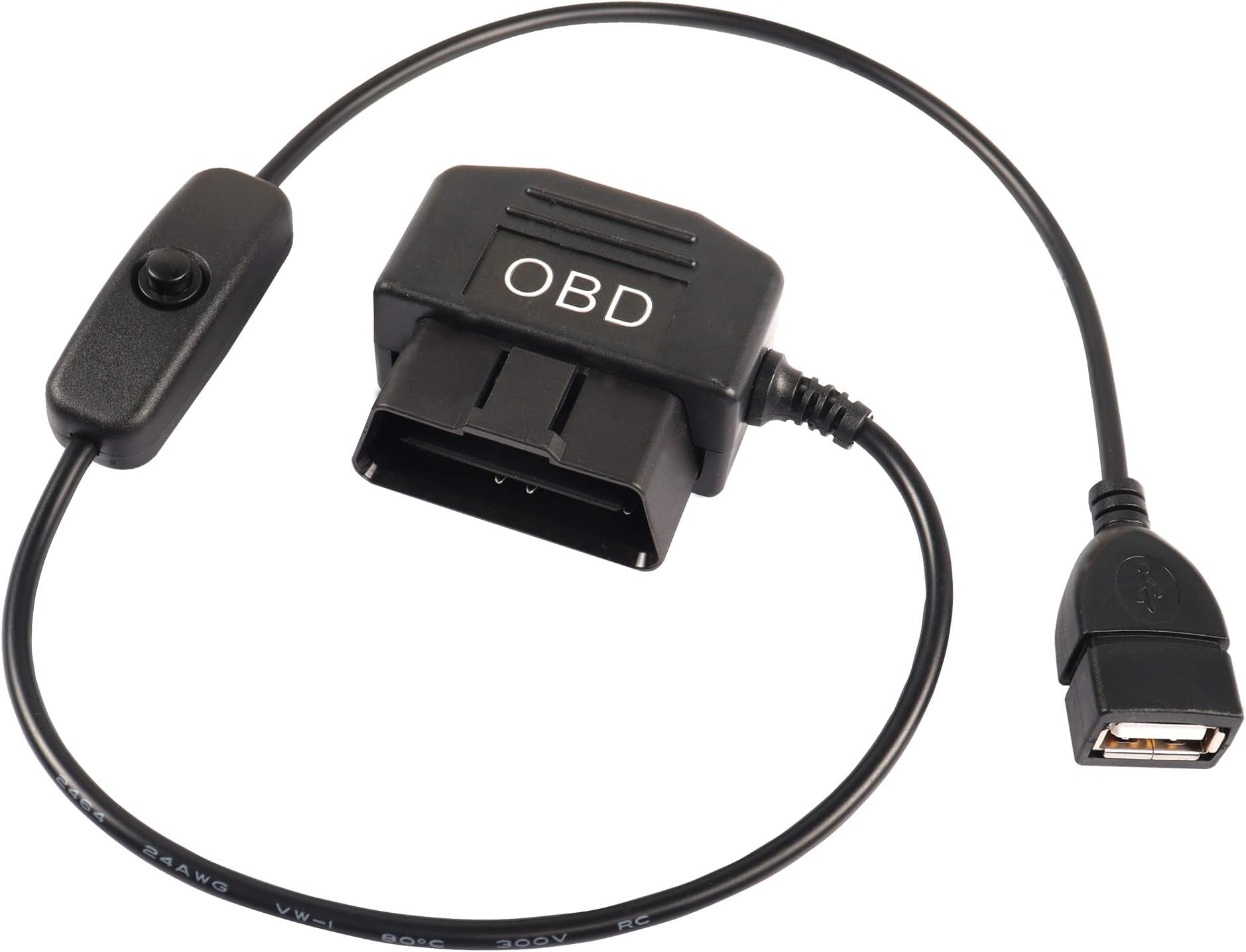 OBD to USB Power Cable Adapter 16Pin OBD2 Male to 5V 2A USB Female Connector 12V 24V 36V to 5V 2A with Switch Button for Dash Camera Phone Car GPS DVR-0.5M/1.6FT