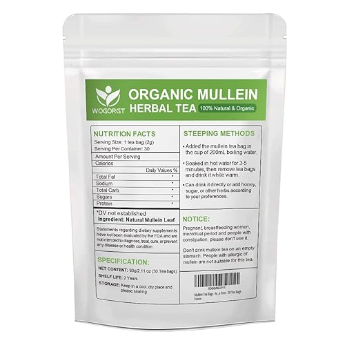 Miniatura 2 de Mullein Tea Bags - Té orgánico de hoja de gordolobo para limpieza de pulmones y apoyo respiratorio, sin cafeína, 30 bolsas de té