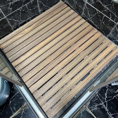Heavy Duty Teak Shower Mat for Inside Outside Shower, Floor Mat with Non Slip Foot Pads & Handle, Bathroom Decor Essentials Multifunctional Design for All Occasions(27x34in(68.5x86.3cm))