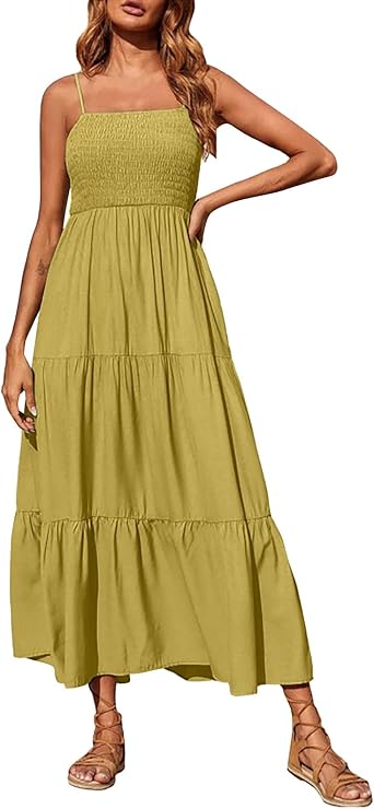 Womens Summer Maxi Dress 2025 Casual Boho Sleeveless Spaghetti Strap Smocked Tiered Long Beach Sundresses