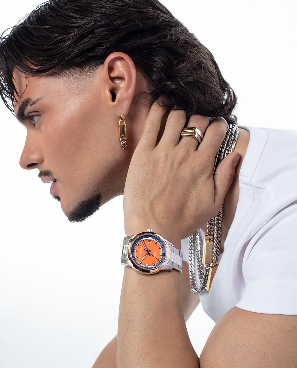 Viceroy Reloj Hombre Analógico de Acero - Acabado Bitono - 40 mm - Movimiento de Cuarzo - Tres Agujas - Esfera Naranja - Sumergible 10 ATM - Colección Abraham Mateo – 401503-97