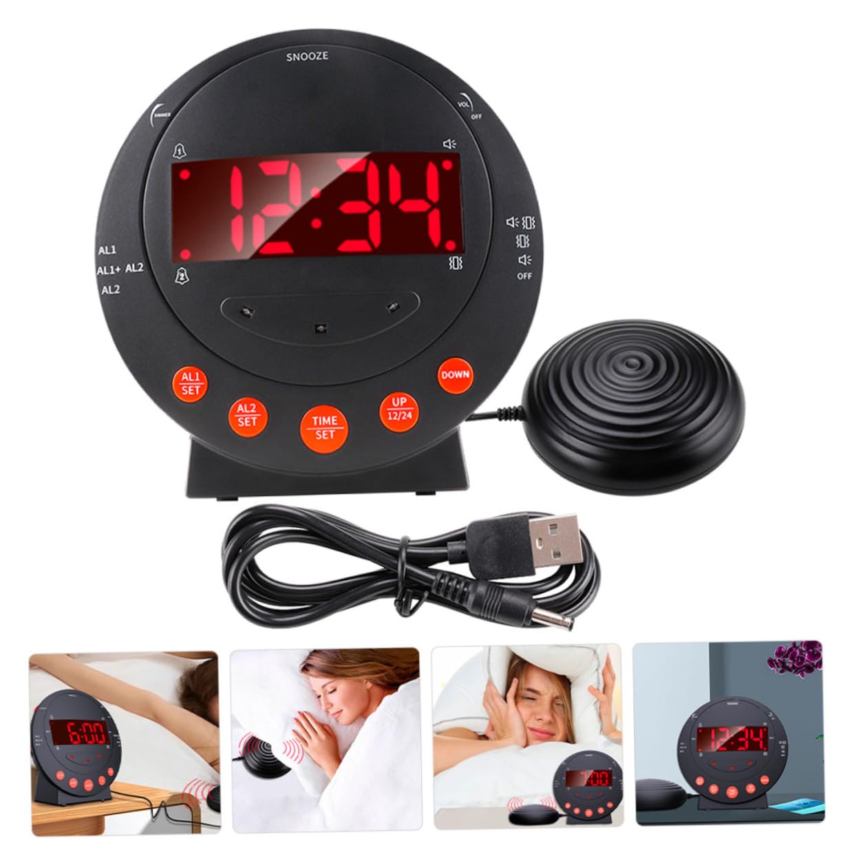 Despertador y Digital Negro con Vibratorio Números Grandes Brillo