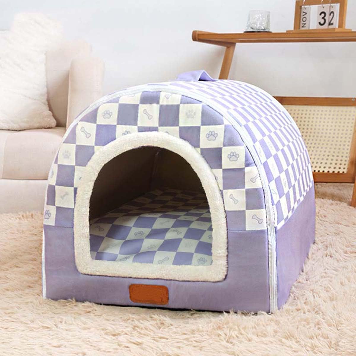 Pet House 2 In 1 Enclosed Dog Kennel, Cat Cave Warm Sleeping Nest with Removable Anti-Anxiety Cushion, Cozy Dogs Igloo House Non-Slip Pet Bed (S, Purple)