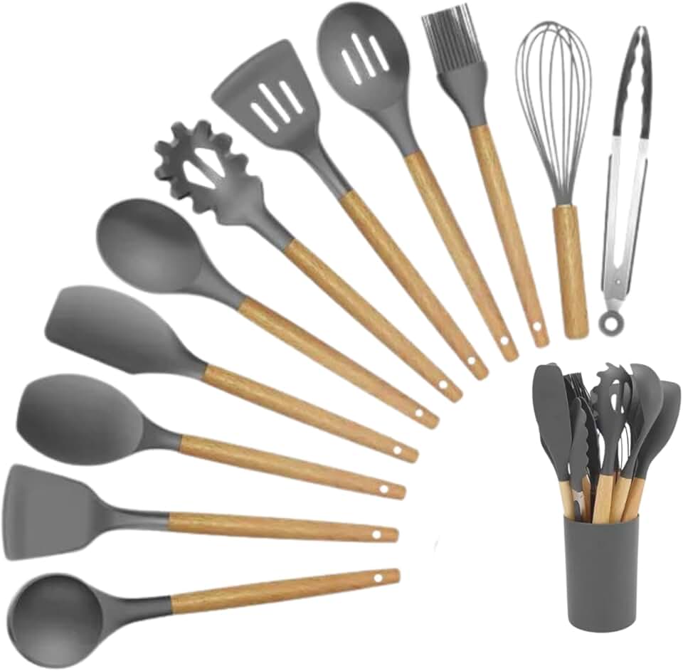 Conjunto de Utensílios de Cozinha em Silicone e Cabo de Madeira, Kit 12 peças, Antiaderente, Resistente ao Calor (Cinza)