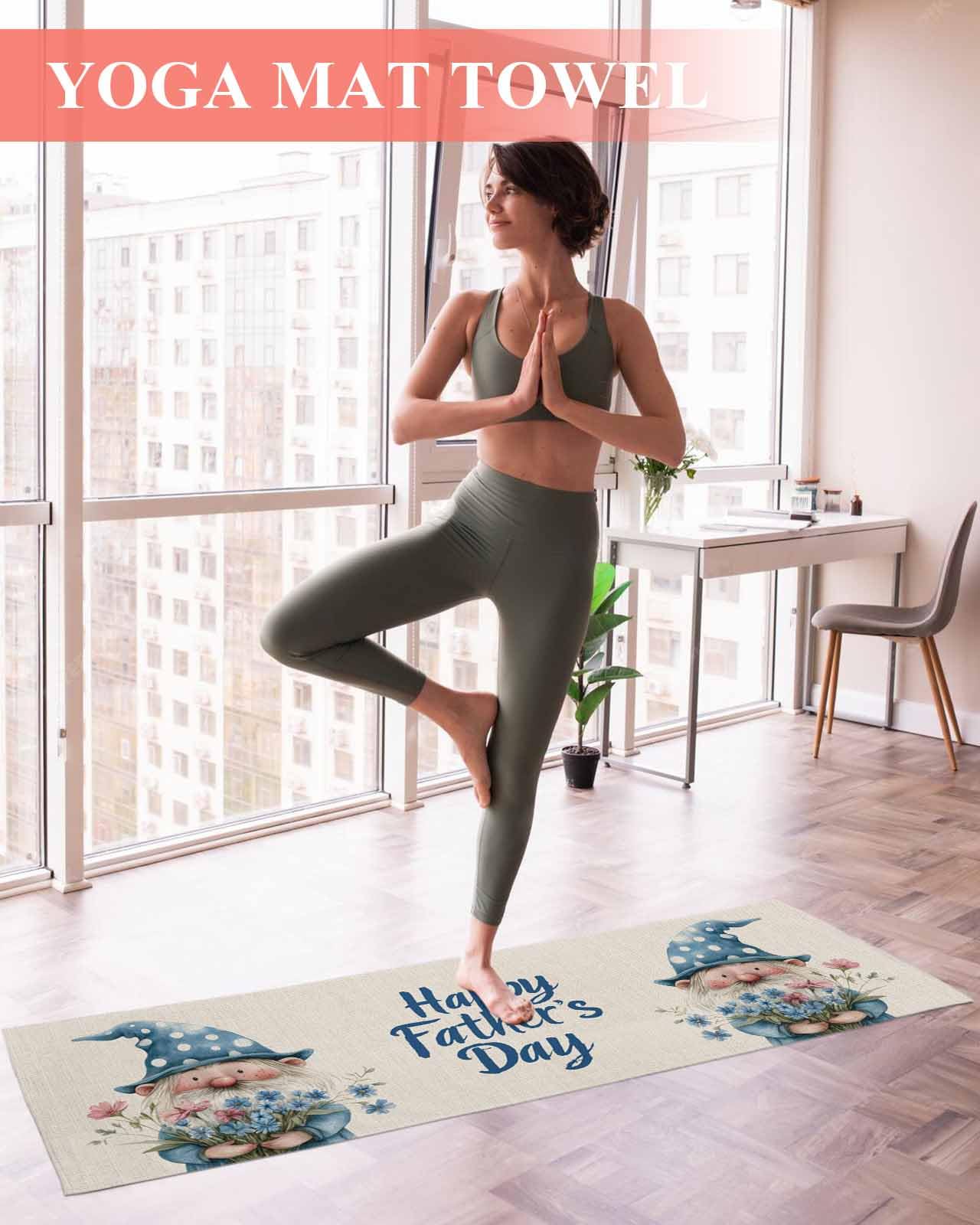 BOSIJOY Yoga Mat Towel,Happy Father's Day Gnome Flower Non Slip Sweat Absorbent Hot Yoga Towels with Corner Pockets,Watercolor Floral on Flax Soft Microfiber Towel for Pilates Bikram 70
