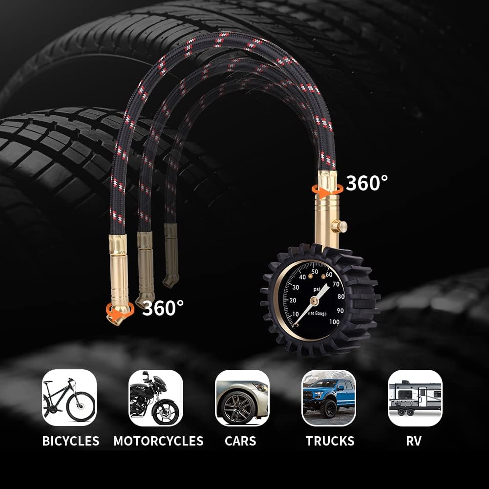 RVZONE Tire Gauge 0-100 PSI Heavy Duty Tire Pressure Gauge Long Hose Certified ANSI Accurate with Large Easy to Read Glow Dial, Low to High Air Pressure Tire Gauge for RV, Bicycles, Cars, Trucks : Automotive