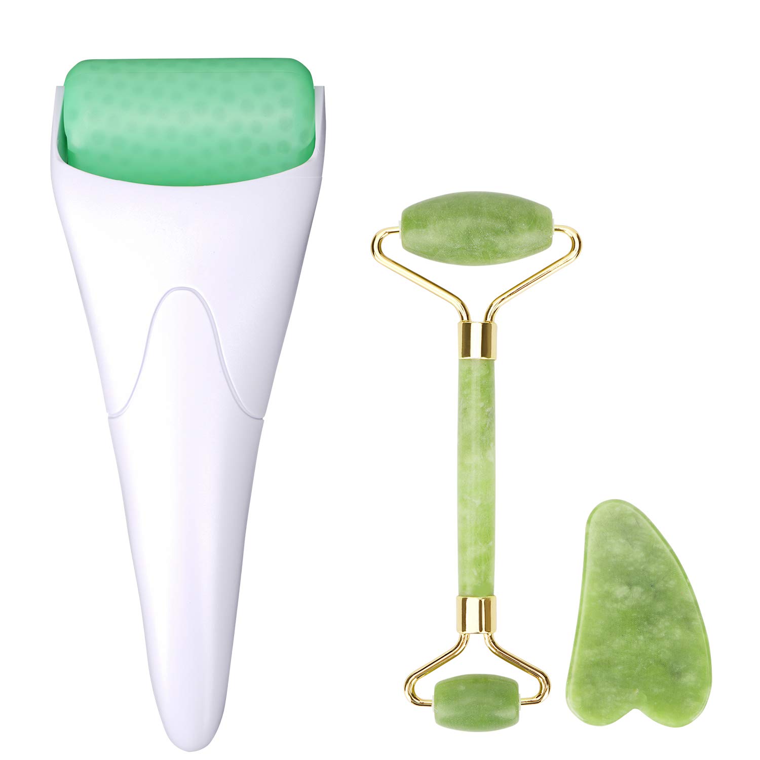 Facial Roller Set of 3, Ice Roller, Two-Sided Jade Roller and Gua Sha Massage Tool, Rolling Tool for Facial Beauty and Body Massage, Helps Reduce Puffy, Releases Stress and Tension