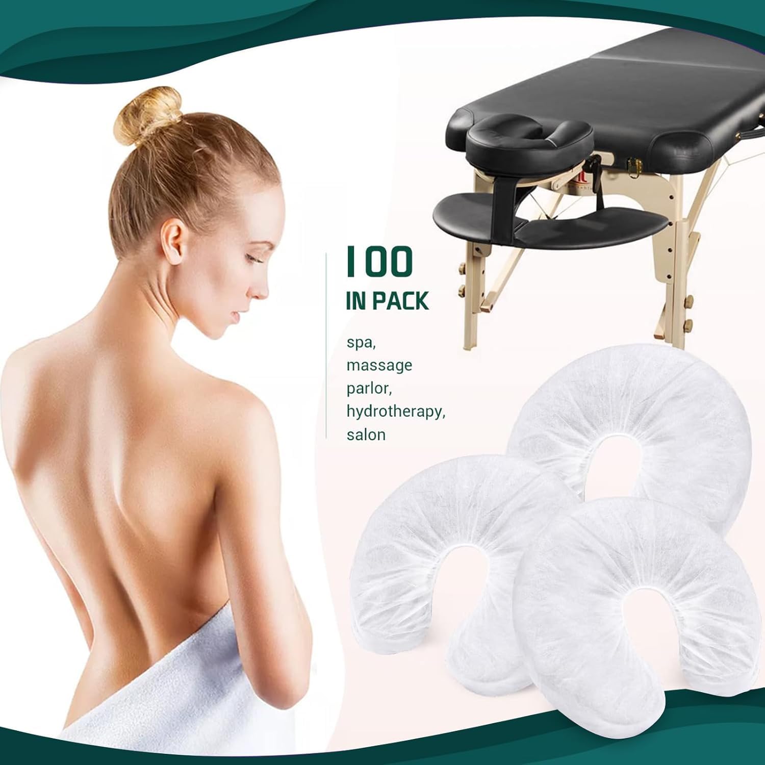 Lot de 100 Non Tissé Protege Têtière pour Table de Massage 36x33CM Jetable Couvre-Visage Housses D'appui-tête Pour Fente Nasale Coussin Facial Jetable pour Salons Beauté Spa Hôtels Tatouages Lash Bed