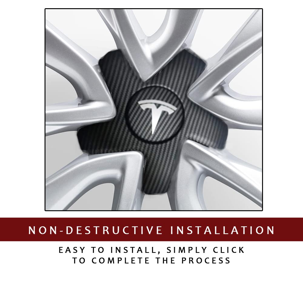 CoolKo Matte Carbon Fiber Pattern Center Caps Hubcaps Cover Aero Wheels Cap Kits for 19/20 inch Performance Rims - Compatible with Tesla Model 3 (Silver T Logo)