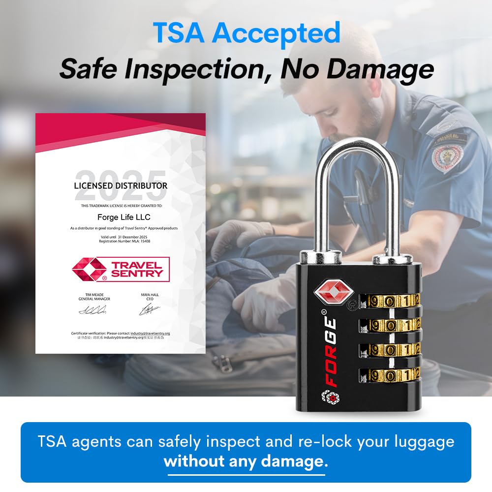 Forge Dual-Opening: Key or Combination Access Lock, TSA Approved Locks for Luggage, Pelican case, Travel, Gym, School, Stainless Steel Shackle. (Black, 4 Pk)