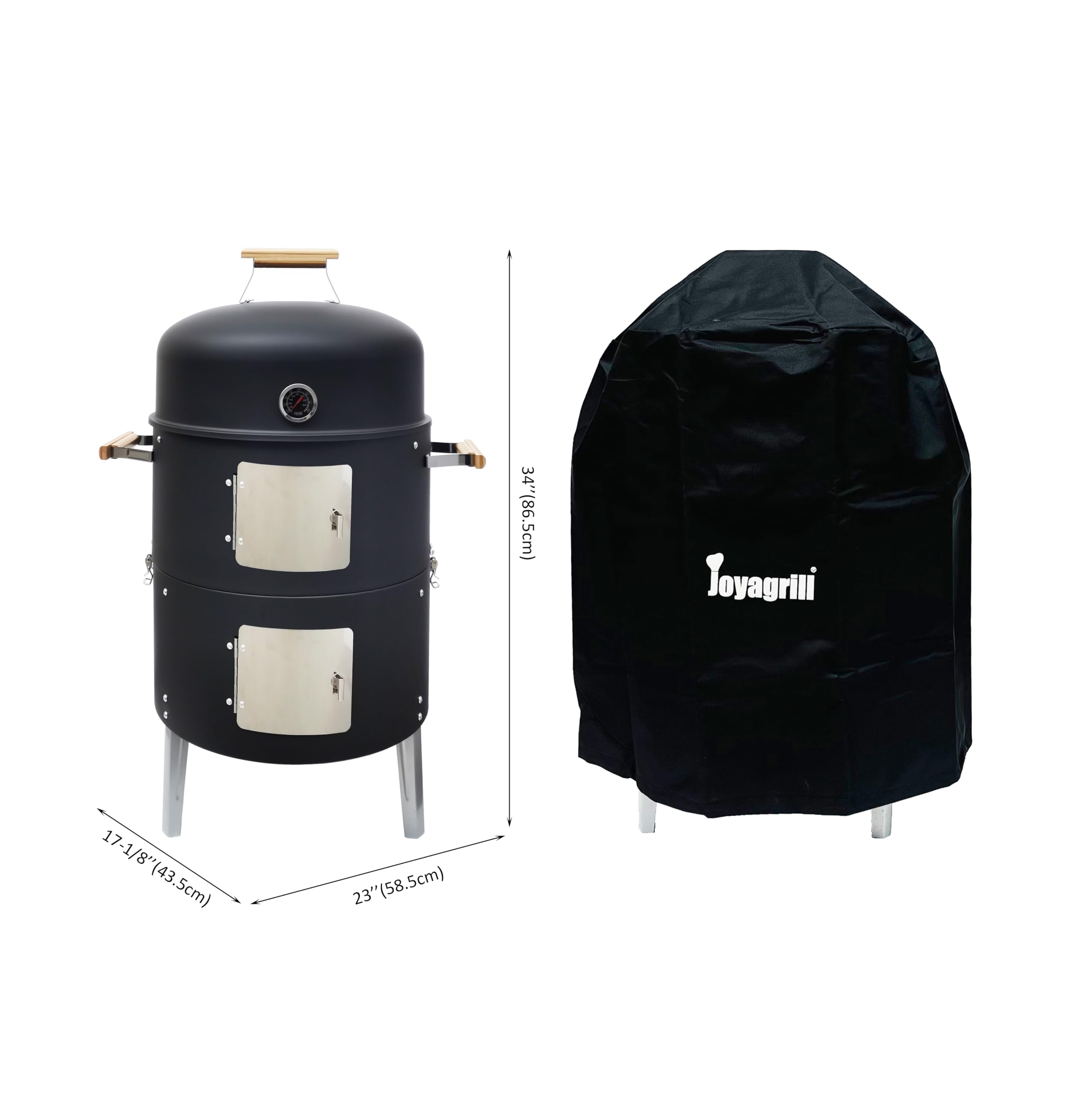 Barbecue fumoir de 17-1/2" avec couvercle, thermomètre intégré, aération et portes d'accès, deux couches, barbecue multifonction avec 3 poignées en bambou, idéal pour les fêtes, le camping