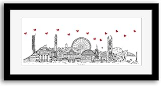Manchester skyline art print, Manchester Bee, Mounted, Framed, hearts, 50 cm x 23 cm, Black, White, Red, Manchester print