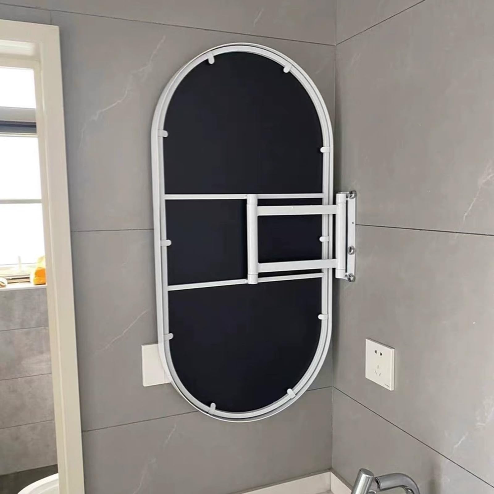 Regulowane lustro narożne montowane na ścianie - nowoczesne owalne lustro łazienkowe z obrotową konstrukcją HD Reflection zajmująca mało miejsca aluminiowa rama w kolorze czarnym/białym 40 x 80 cm
